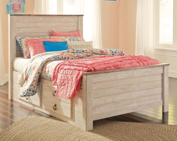 Willowton - Whitewash - Full Panel Bed with 2 Storage Drawers