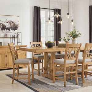 Havonplane - Brown - 10 Pc. - Counter Extension Table, 8 Upholstered Barstools, Server