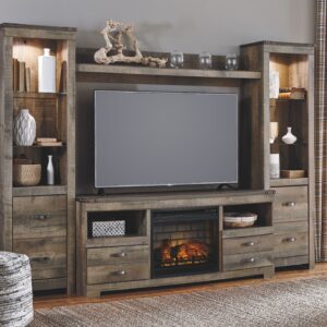 Trinell - Brown - 5 Pc. - Entertainment Center - 63" TV Stand with Faux Firebrick Fireplace Insert
