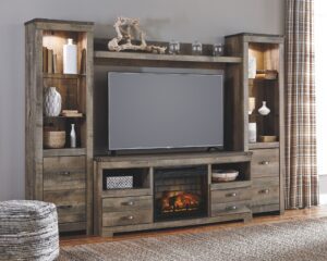 Trinell - Brown - 5 Pc. - Entertainment Center - 63" TV Stand with Faux Firebrick Fireplace Insert