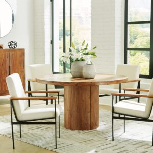 Dressonni - Brown - 6 Pc. - Round Dining Table, 4 Arm Chairs, Bar Cabinet