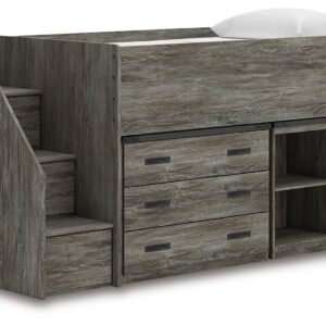 Frandern - Gray - Twin Loft Bed With Bookcase And Drawer Storage