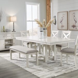 Robbinsdale - Antique White - 7 Pc. - Rectangular Dining Room Extension Table, 4 Upholstered Side Chairs, Bench, Server