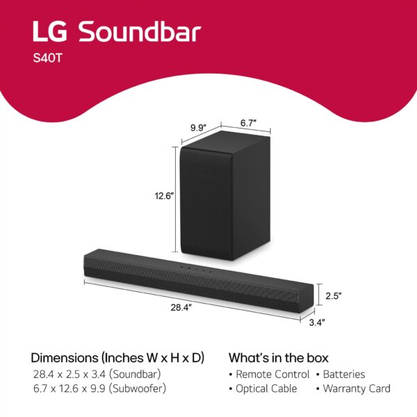 LG - 2.1-Channel S40T Soundbar with Wireless Subwoofer and Bluetooth Connectivity - Black